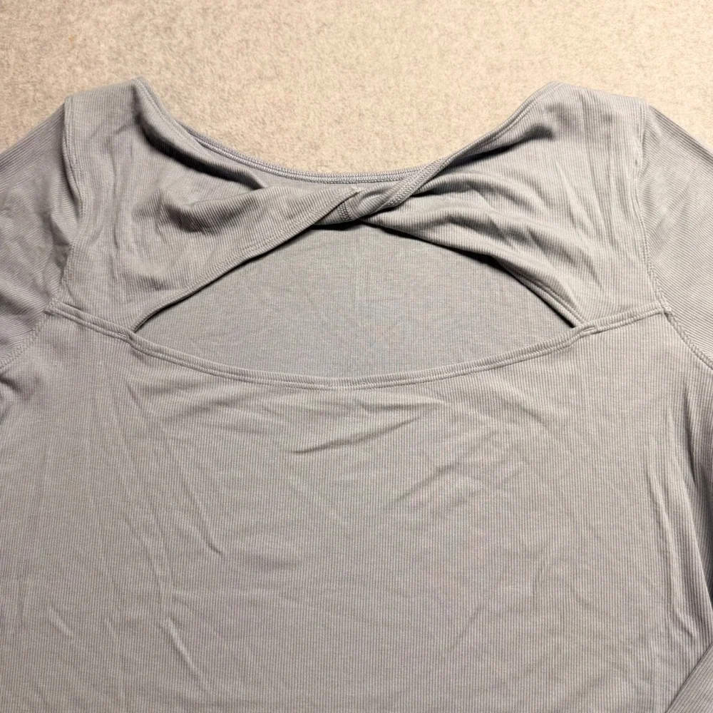 Lululemon Ribbed Twist Back Long Sleeve Crop Top Blue Gray Cutout Boat Neck